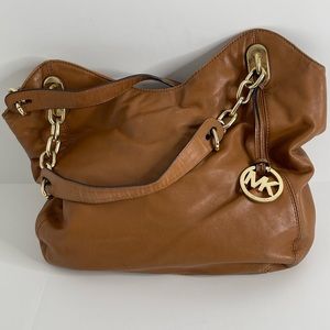 Michael Michael Kors Brown Leather Hobo Shoulder Bag with Gold Hardware